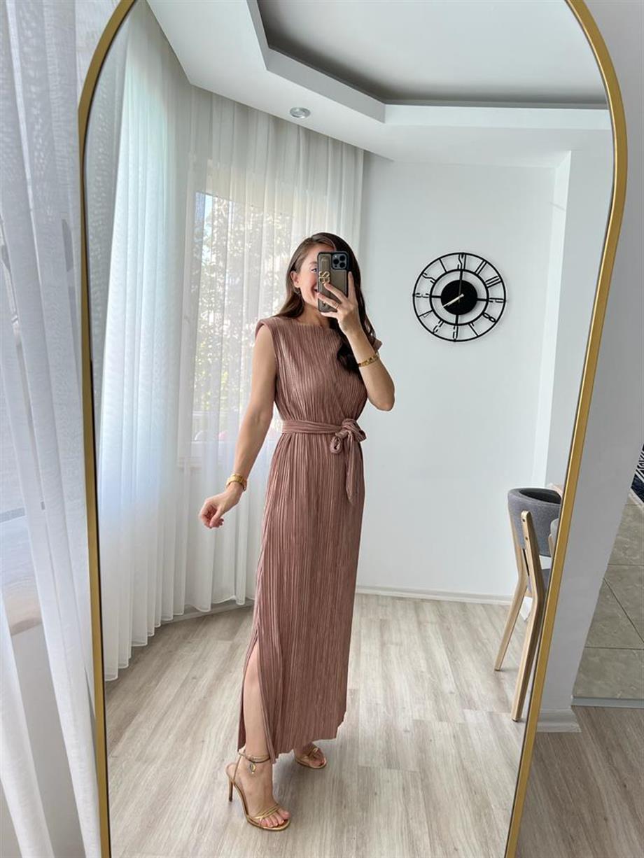 Camel Akordiyon Kumaş Lüx Kalite Kuşaklı Elbise 29689