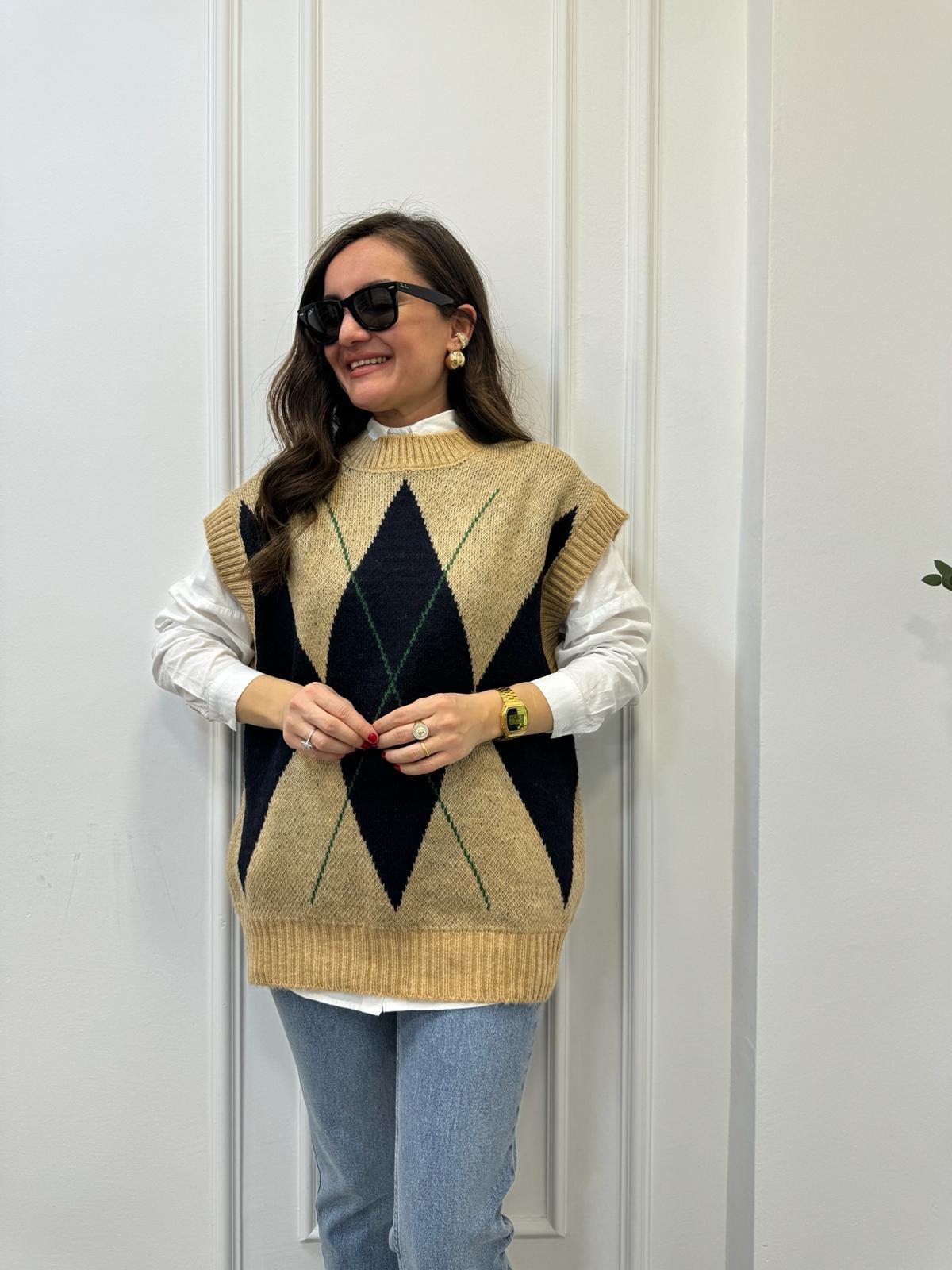 Camel Baklava Desenli Renkli Süveter 2254