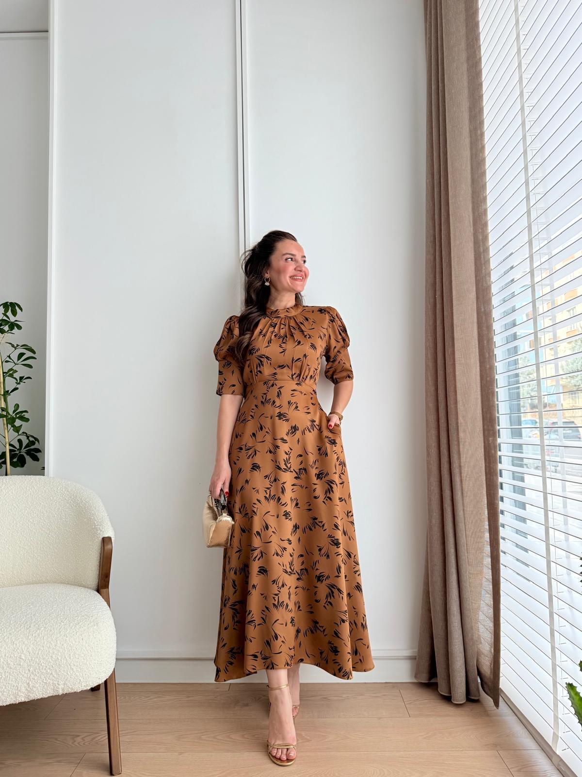 Camel Balon Kol Kuşaklı Saten Elbise 8644