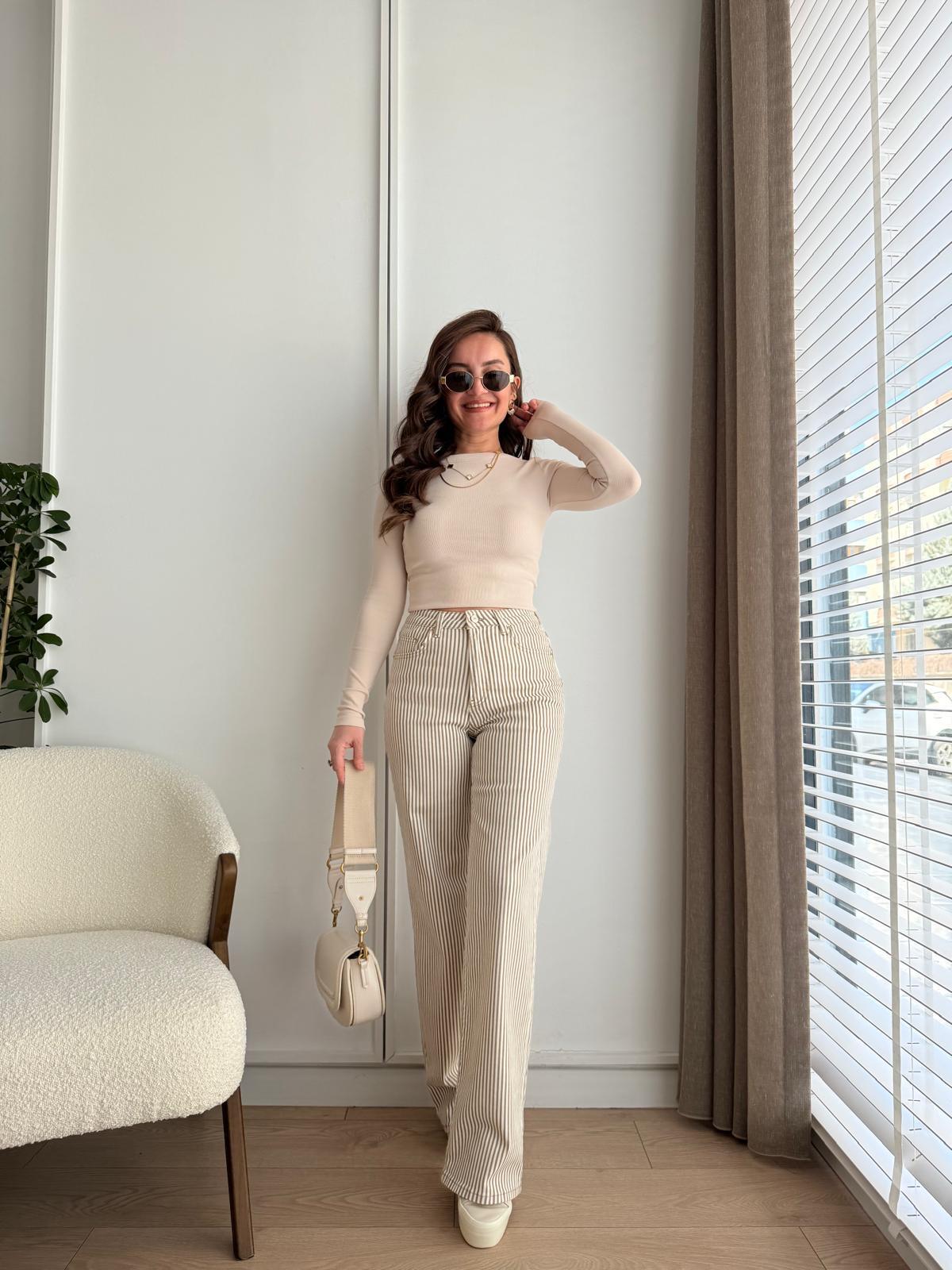 Camel Beyaz Çizgili Bol Paça Jean Pantolon 783