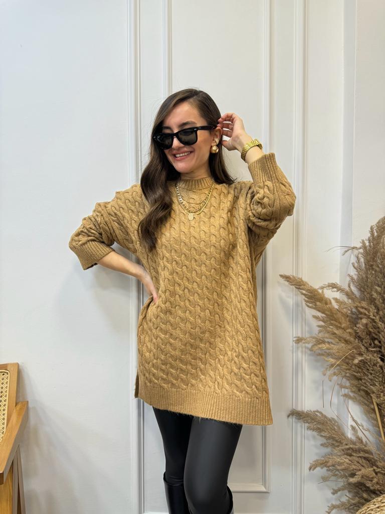 Camel Bisiklet Yaka Yan Yırtmaç Detaylı Saç Örgülü Kazak 231183