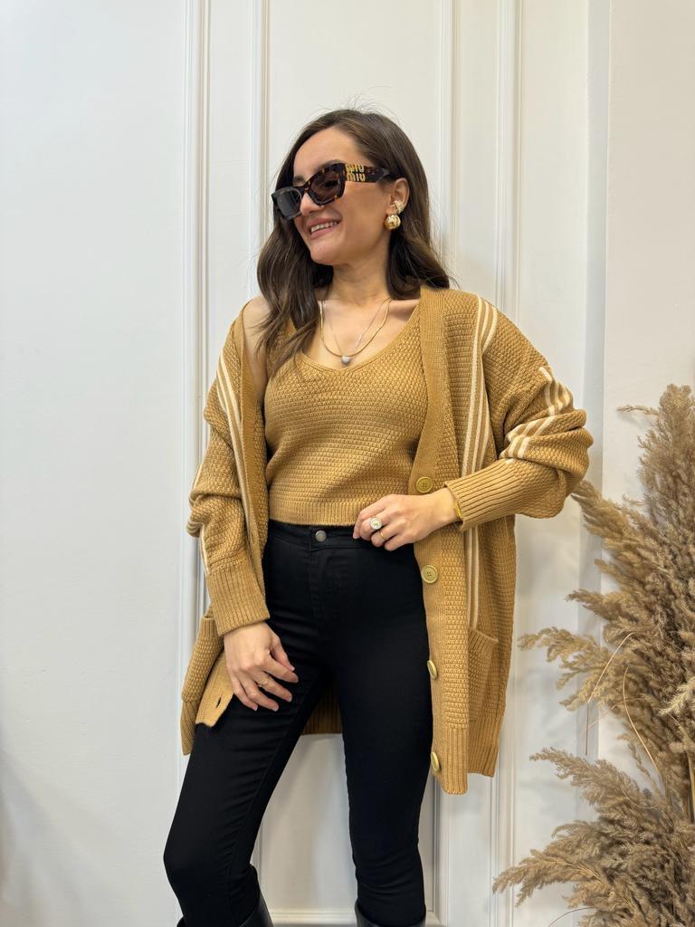 Camel Çizgili Crop Hırka Takım 0023