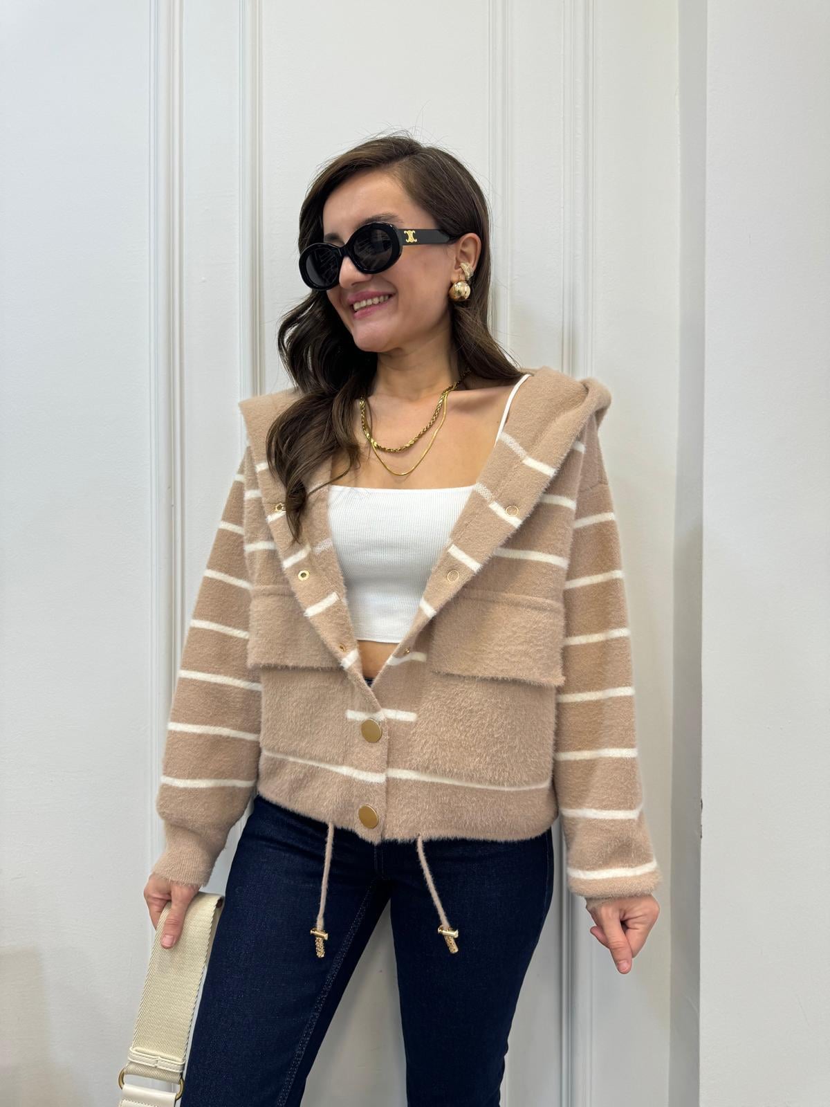 Camel Çizgili Gold Düğmeli Yumoş Hırka 140201