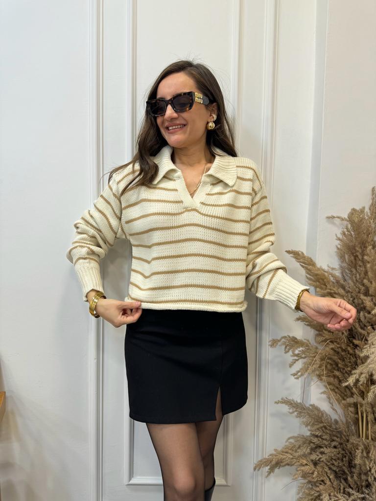 Camel Çizgili Polo Yaka Triko Kazak 4180