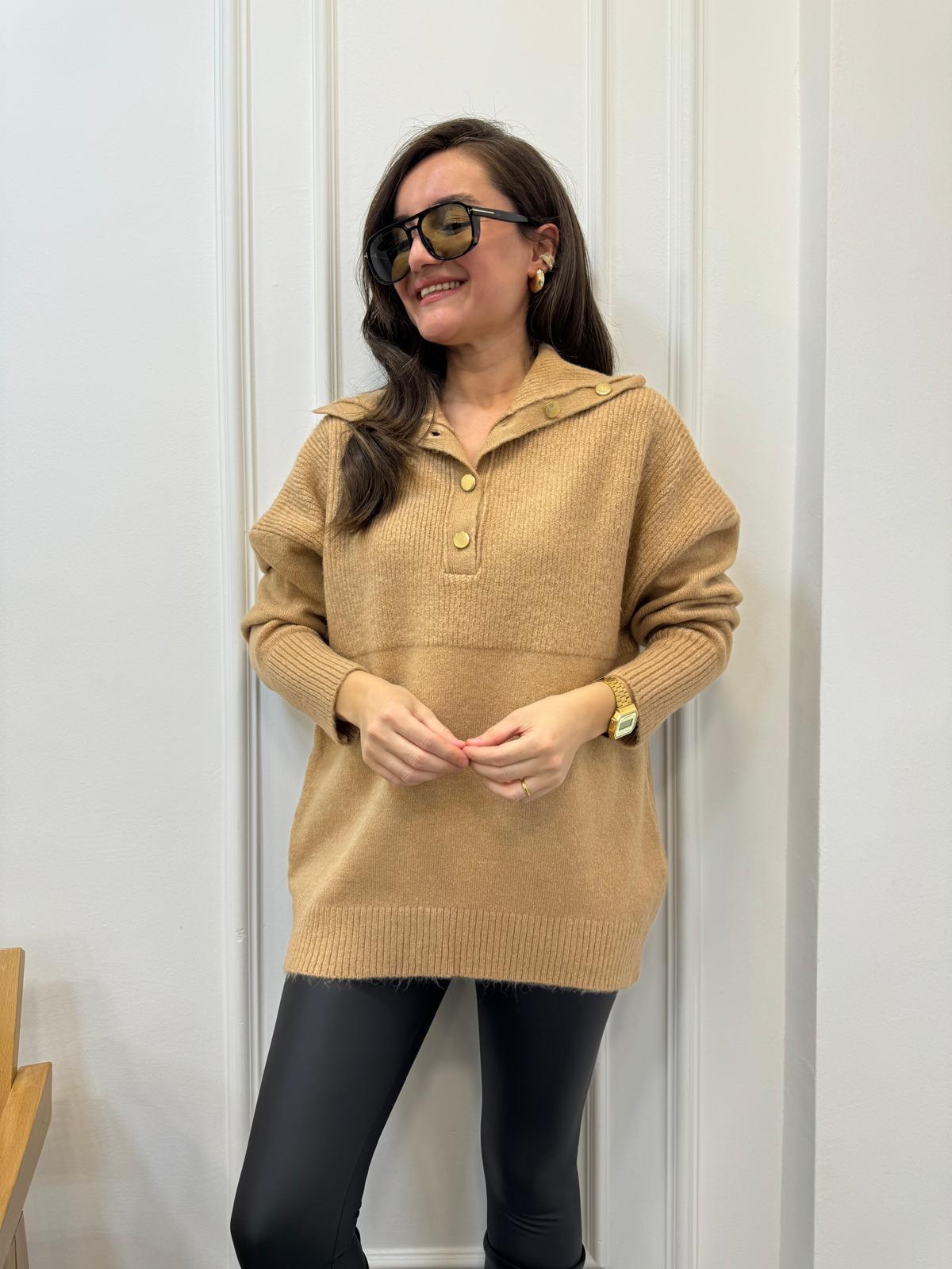 Camel Polo Yaka Gold Düğme Detaylı Triko Kazak 22733