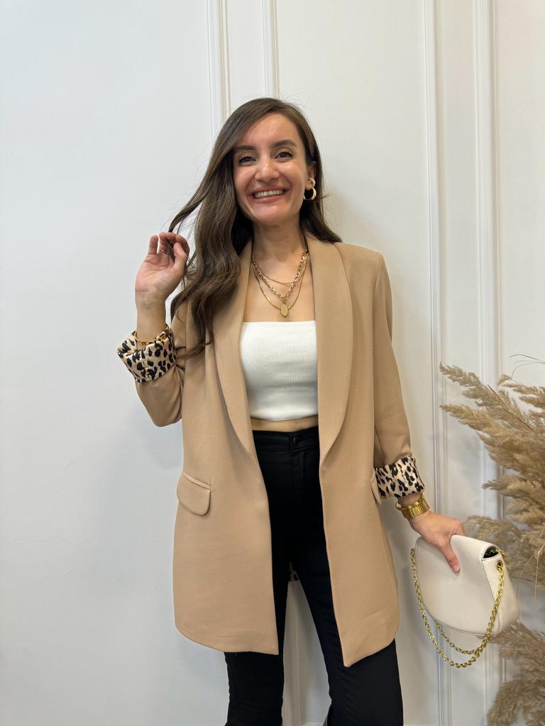 Camel Premium Kalite Leopar Astarlı Blazer Ceket 9227