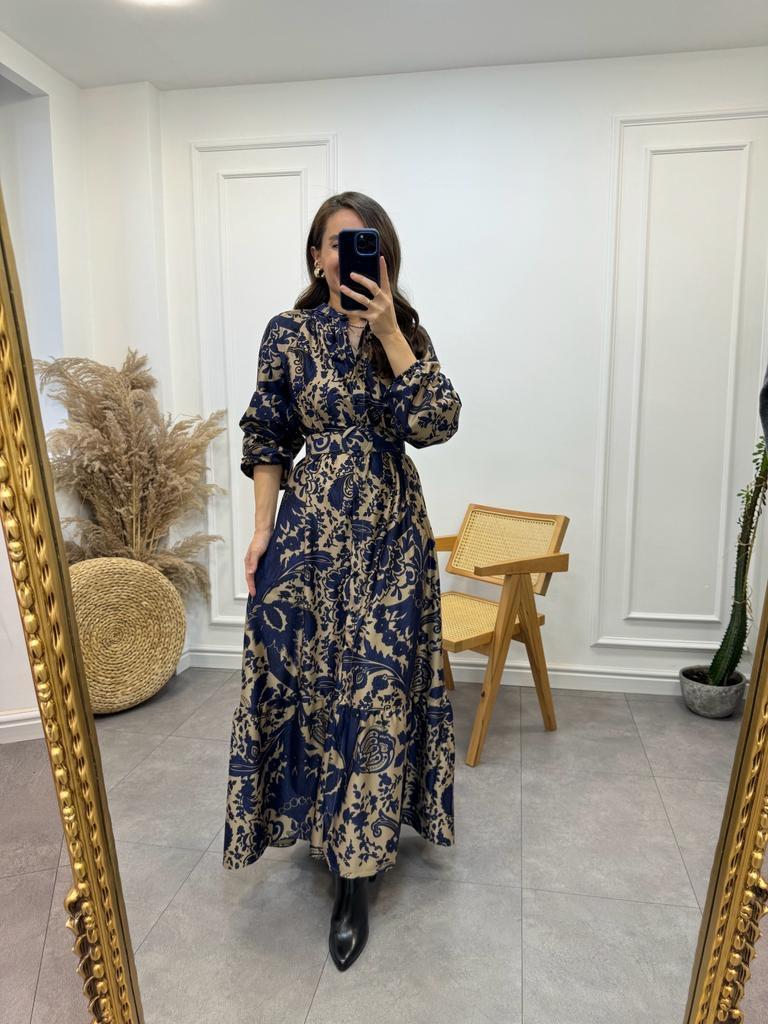 Camel Sax Desenli Kemerli Hakim Yaka Elbise 035