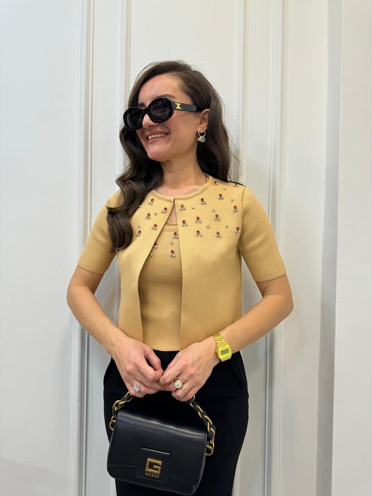 Camel Taş Detaylı Crop Hırka Takım 4396