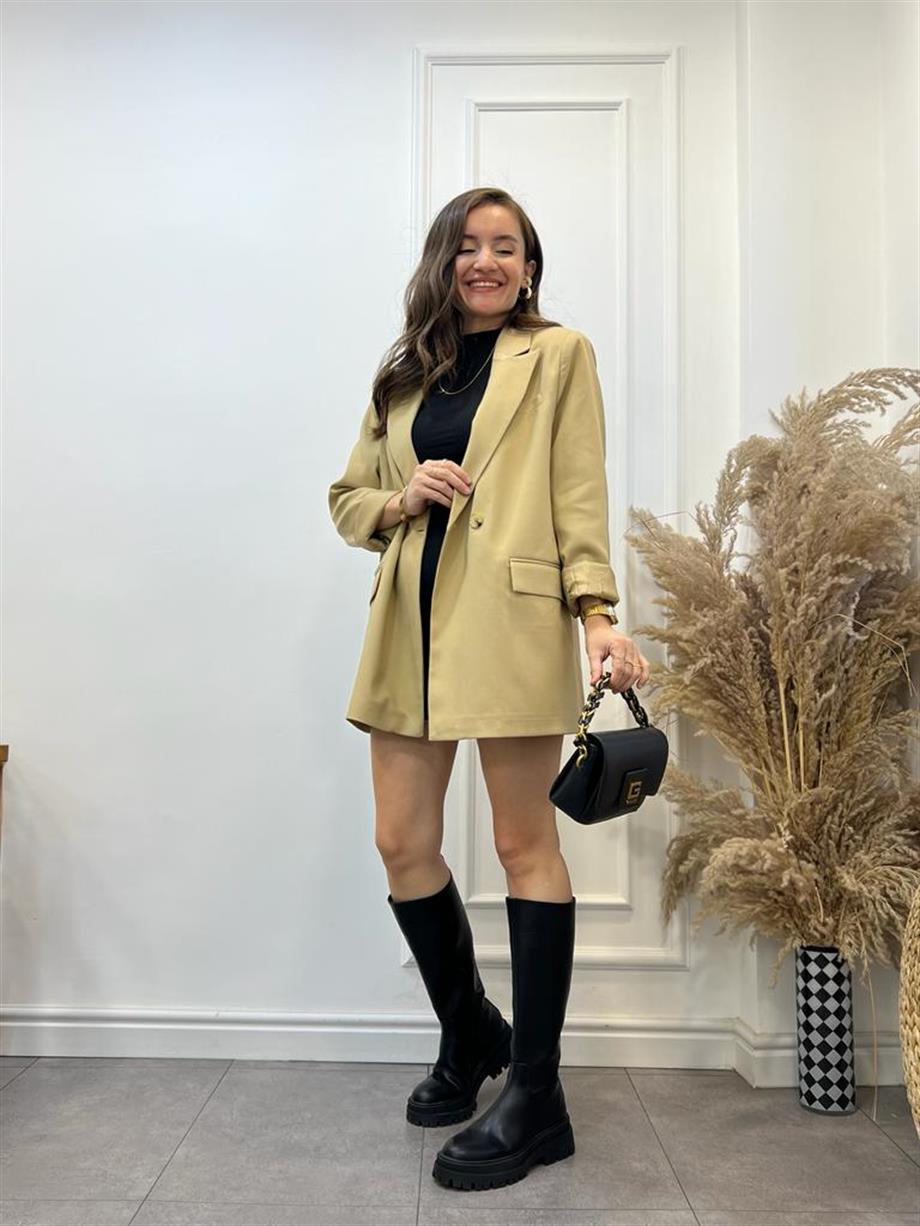 Camel Tek Düğme Oversize Blazer Ceket 9287