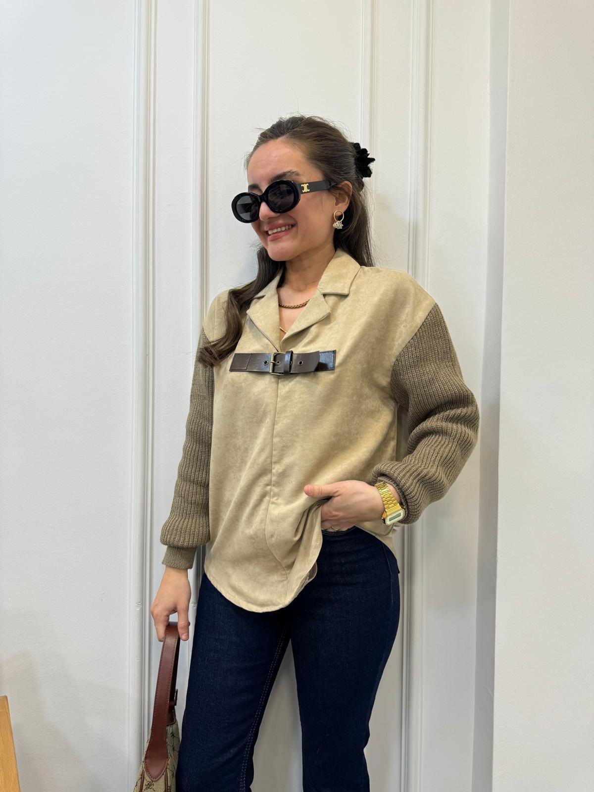 Camel Triko Kollu Kemer Detaylı Nubuk Bluz 35577