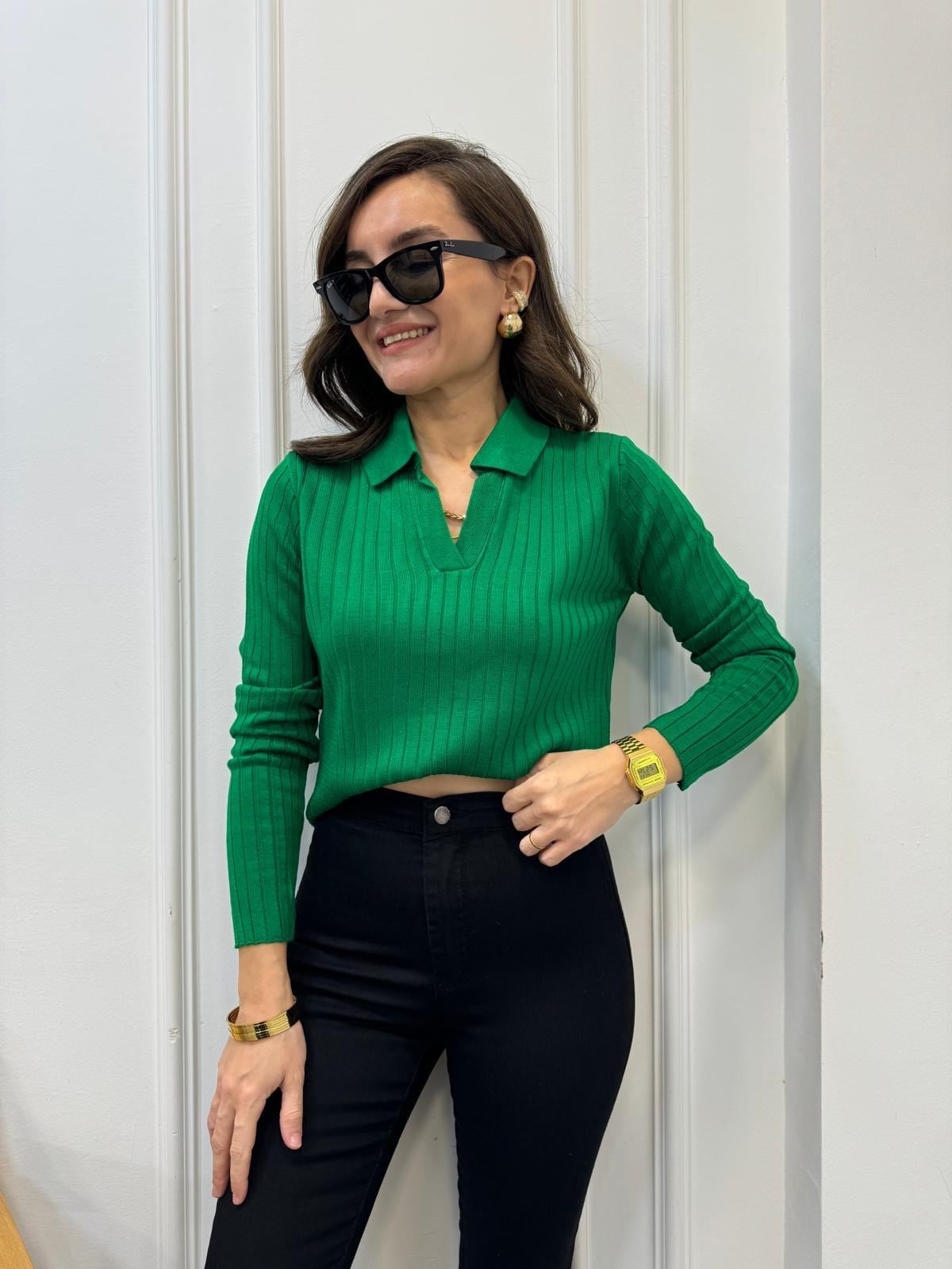 Çimen yeşili Polo Yaka Fitilli Triko Bluz 3243