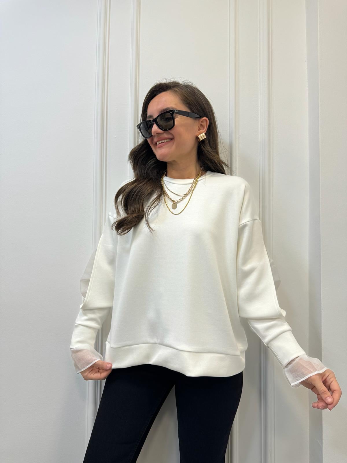 Ekru Bisiklet Yaka Kol Detaylı Tasarım Sweatshirt 2868