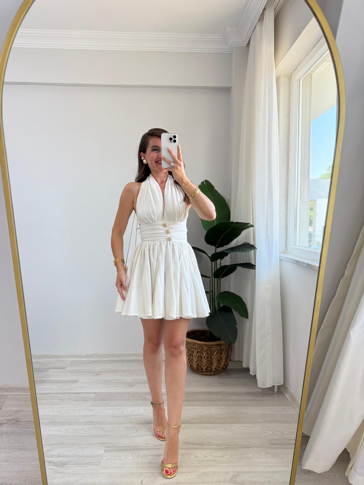 Ekru Boyundan Bağlamalı Sırt Dekolteli Mini Elbise 6233