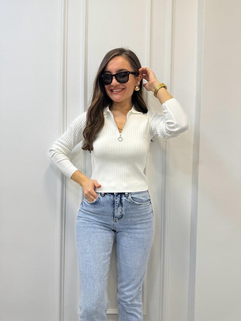 Ekru Çizgili Polo Yaka Fermuarlı Triko Bluz 3739