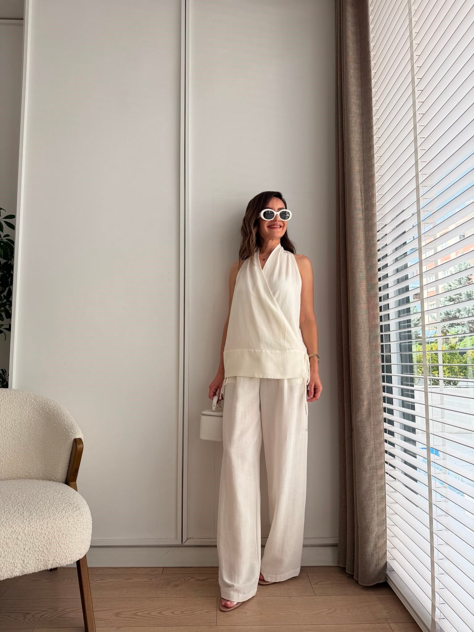 Ekru Halter Yaka Yandan Bağlamalı Kimono Takım 6027