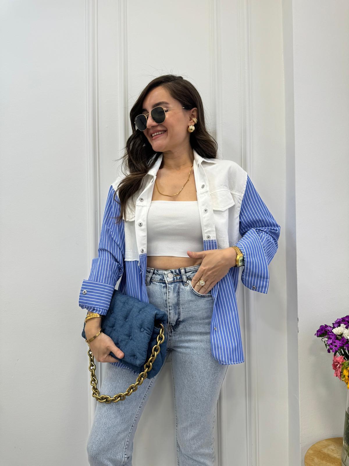 Ekru Jean Detaylı Mavi Çizgili Gömlek 21538