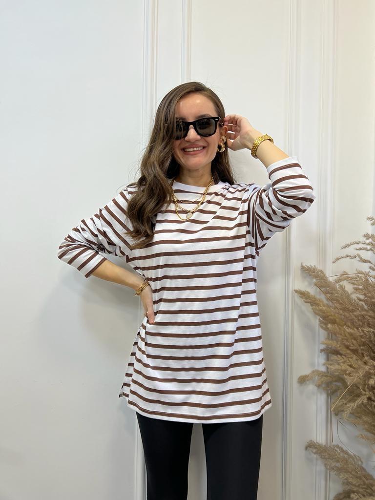 Ekru Kahve Çizgili Bisiklet Yaka Sweatshirt 0637