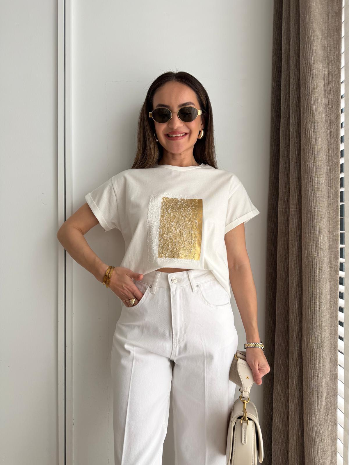Ekru Mumlanmış Baskı Detaylı Tshirt 21229