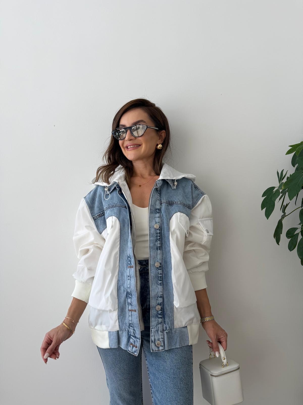Ekru Paraşüt Kumaş Denim Detaylı Yağmurluk  2764