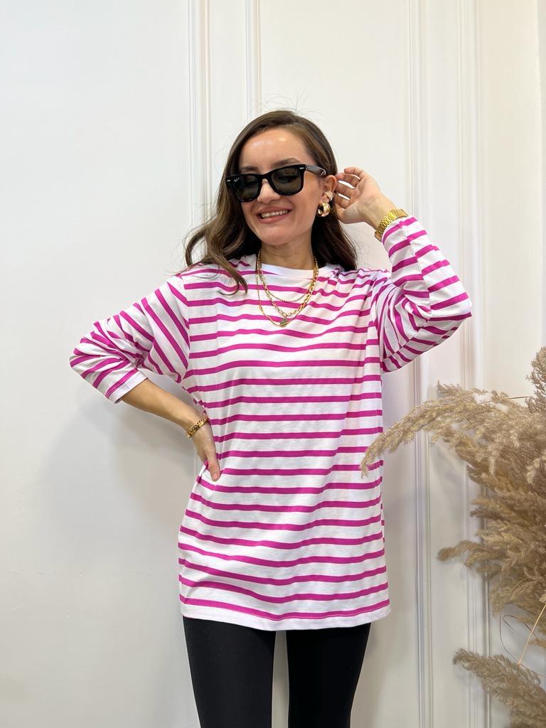 Ekru Pembe Çizgili Bisiklet Yaka Sweatshirt 0637