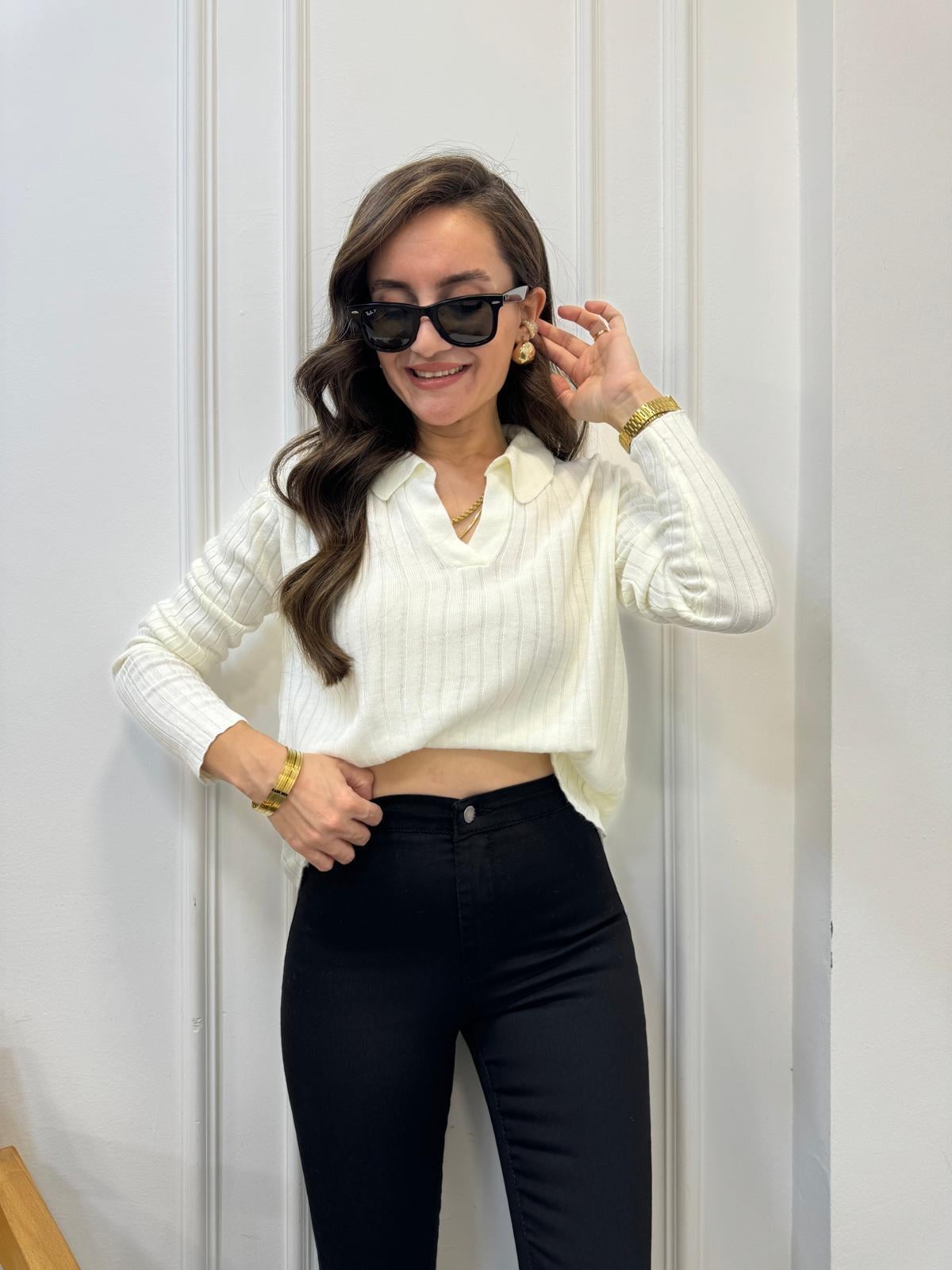 Ekru Polo Yaka Fitilli Triko Bluz 3243