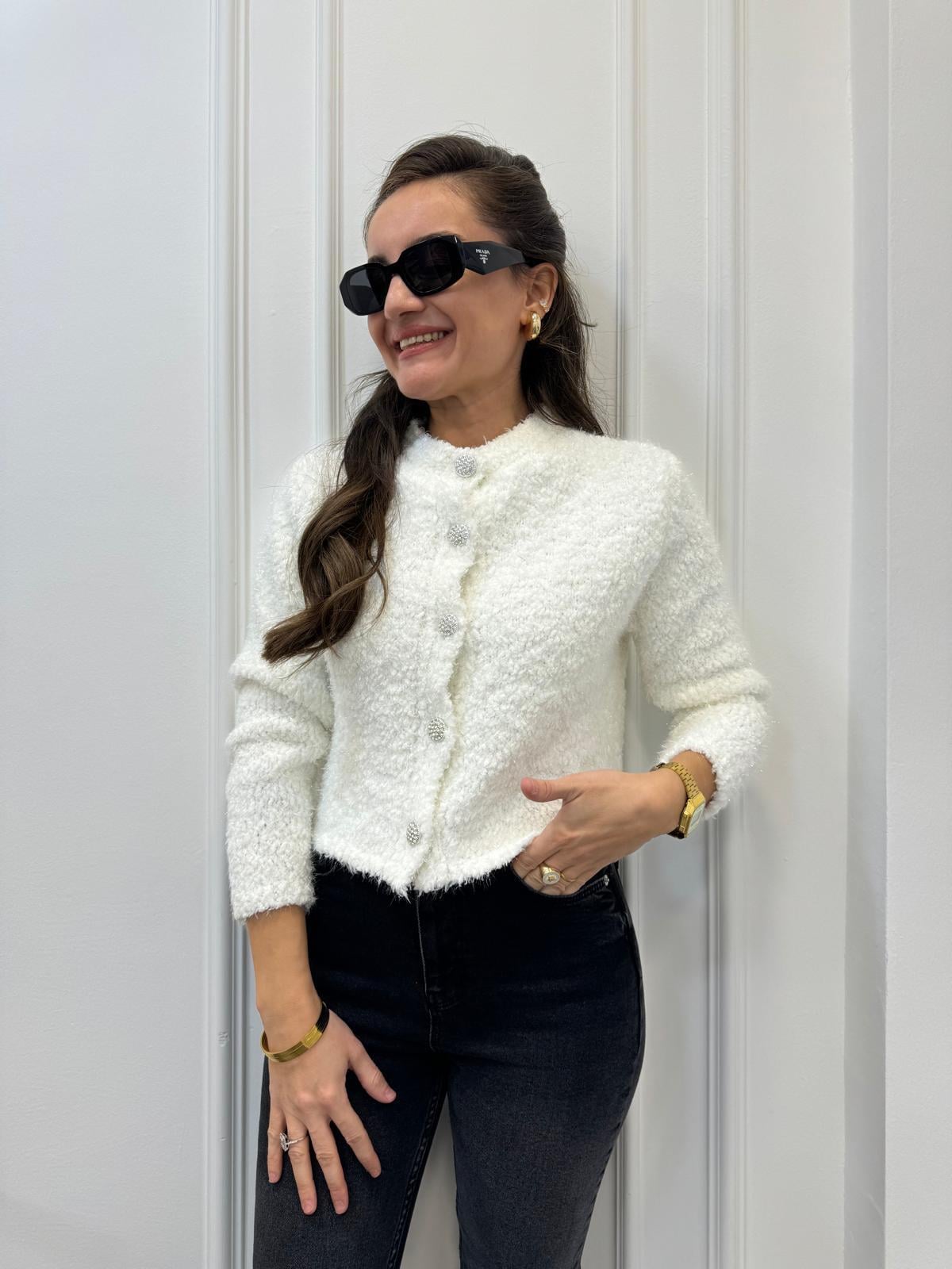 Ekru Sim Geçişli Taş Düğmeli Örme Hırka 3167