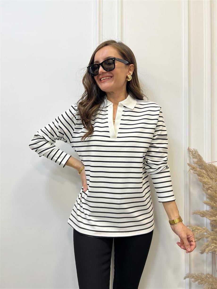 Ekru Siyah Çizgili Polo Yaka Sweatshirt 3010