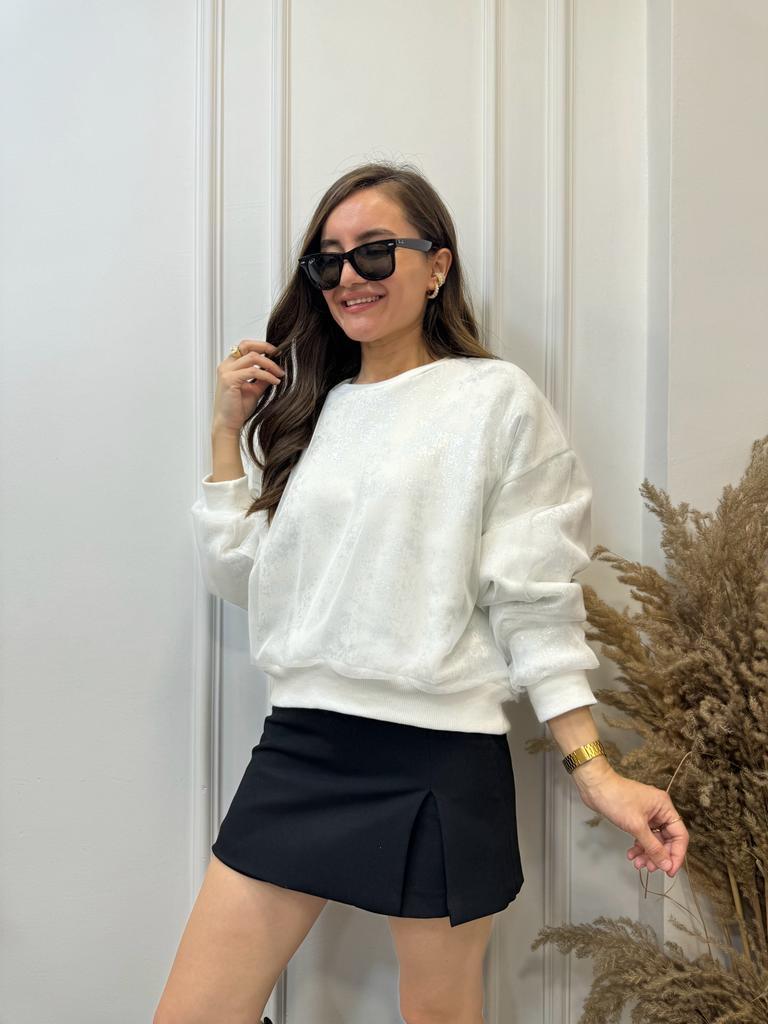 Ekru Tasarım Üstü Tüllü İçi Varak Baskılı Sweatshirt 21220