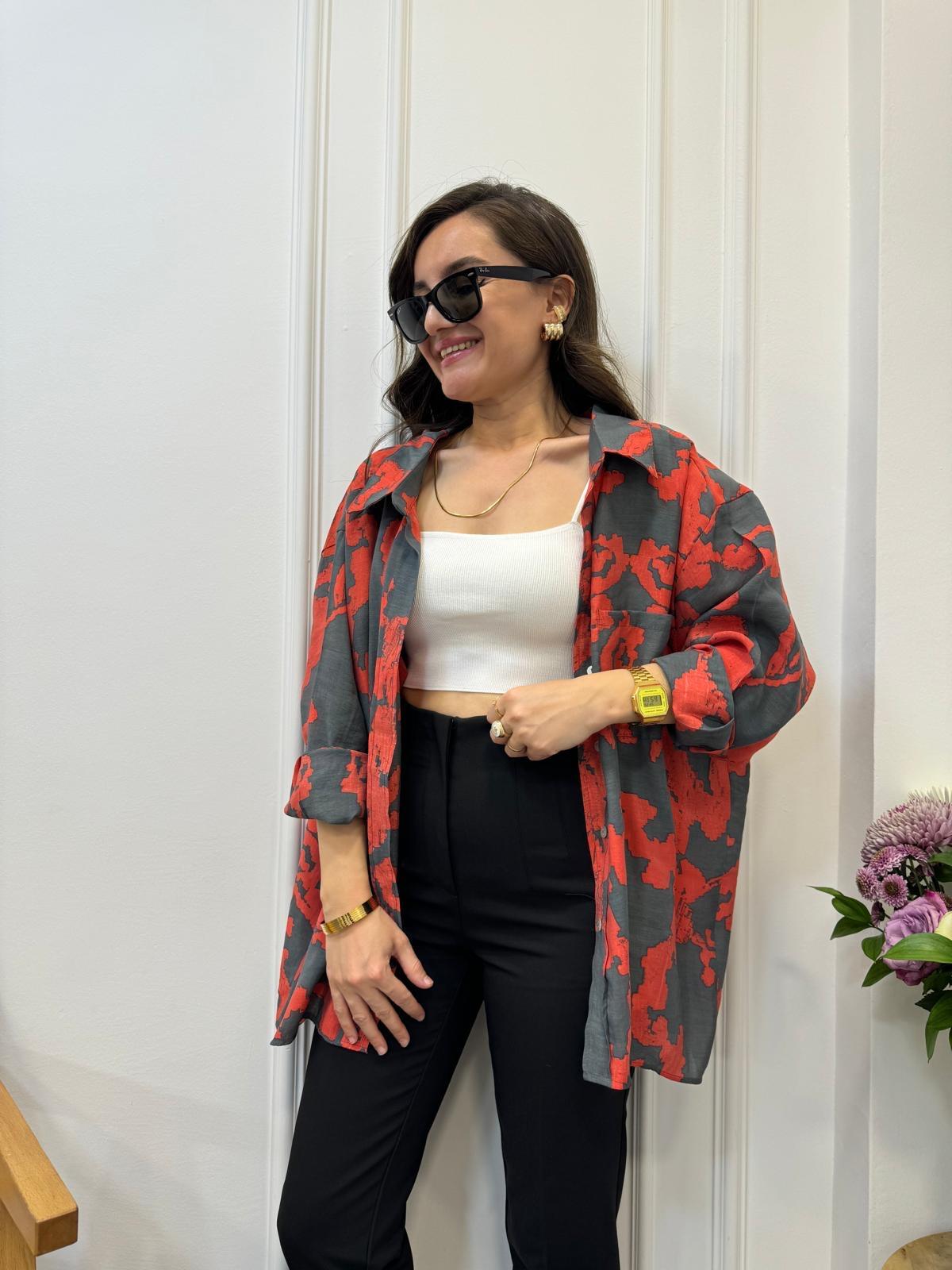 Füme Desenli Lüx Kalite Oversize Gömlek 4832