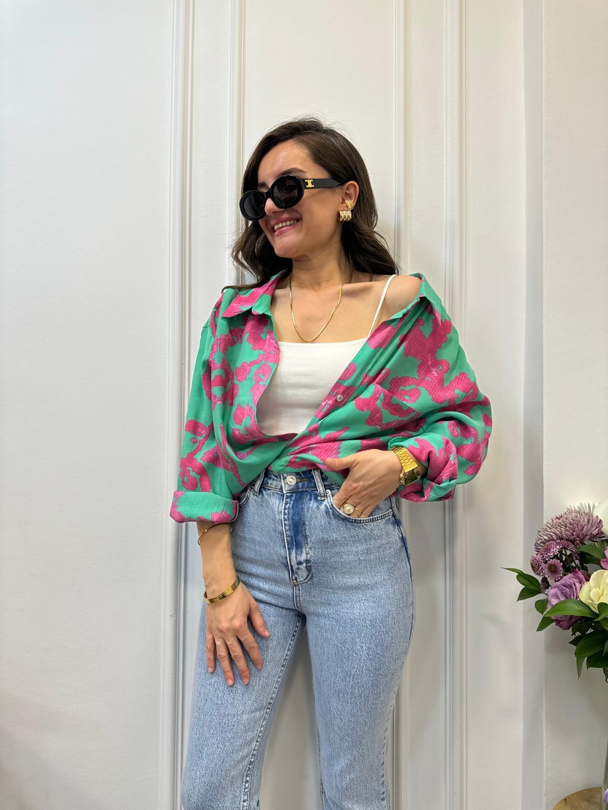 Fuşya Desenli Lüx Kalite Oversize Gömlek 4832