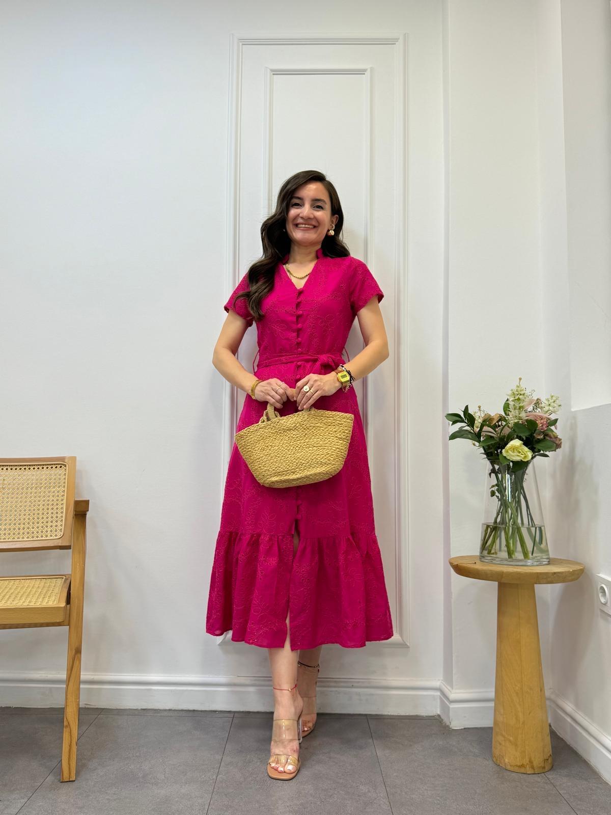 Fuşya Hakim Yaka Düğme Detaylı Brode Elbise 2022