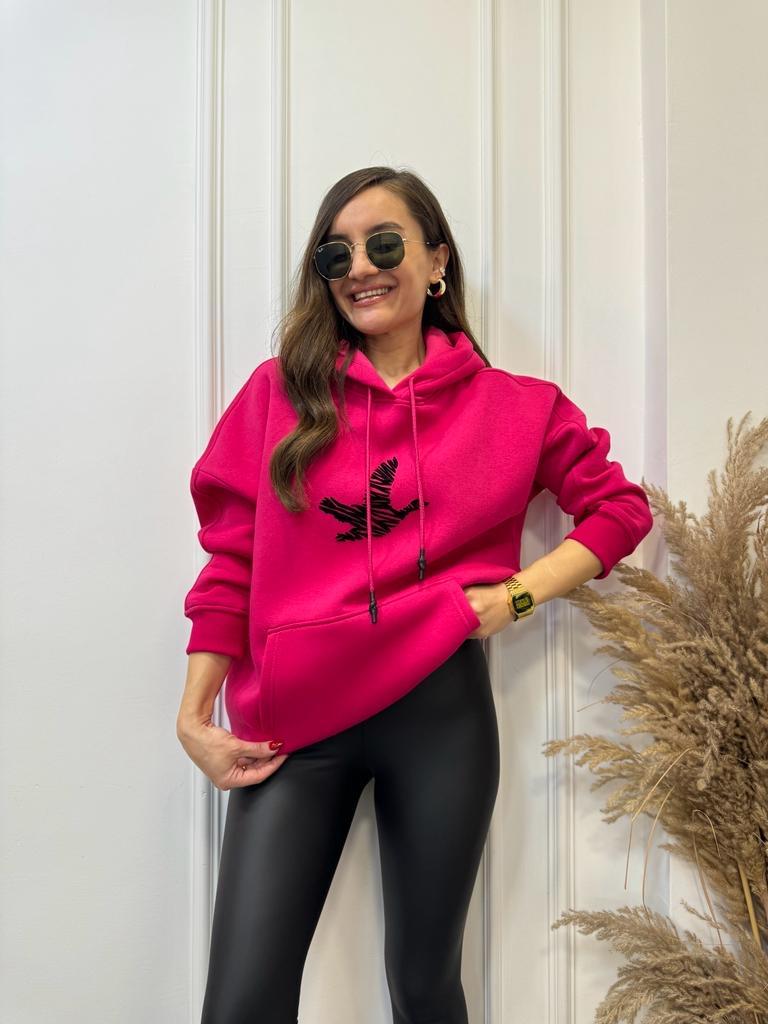 Fuşya Kuş Baskılı Kapüşonlu Cepli Sweatshirt 1011