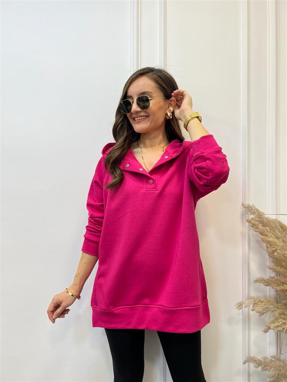 Fuşya Yandan Yırtmaçlı Çıtçıtlı Kapüşonlu Sweatshirt 5048