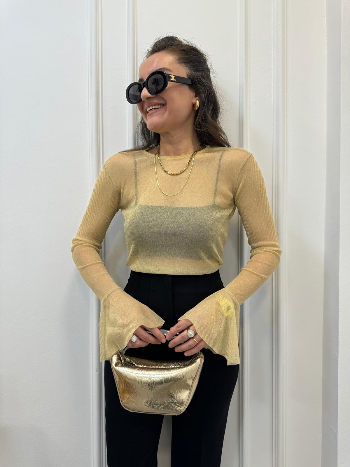 Gold Kol Detaylı Transparan Bluz 29325