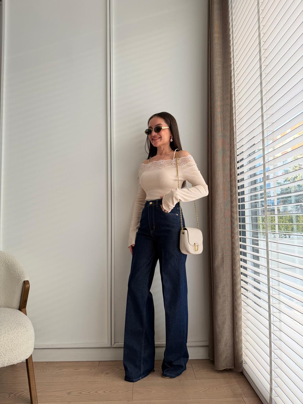 Gold Lacivert Sim Geçişli Wide Leg Jean 8230