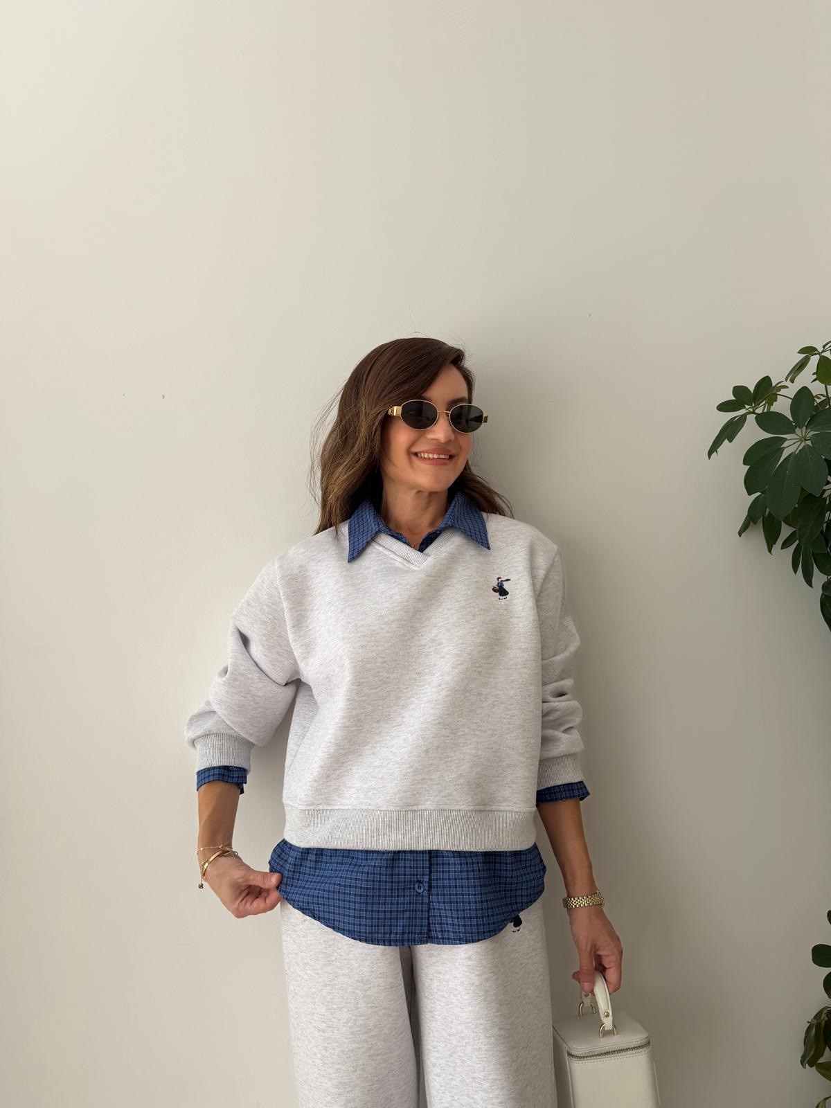 Gri Ekose Gömlek Detaylı Nakışlı Sweatshirt 02432