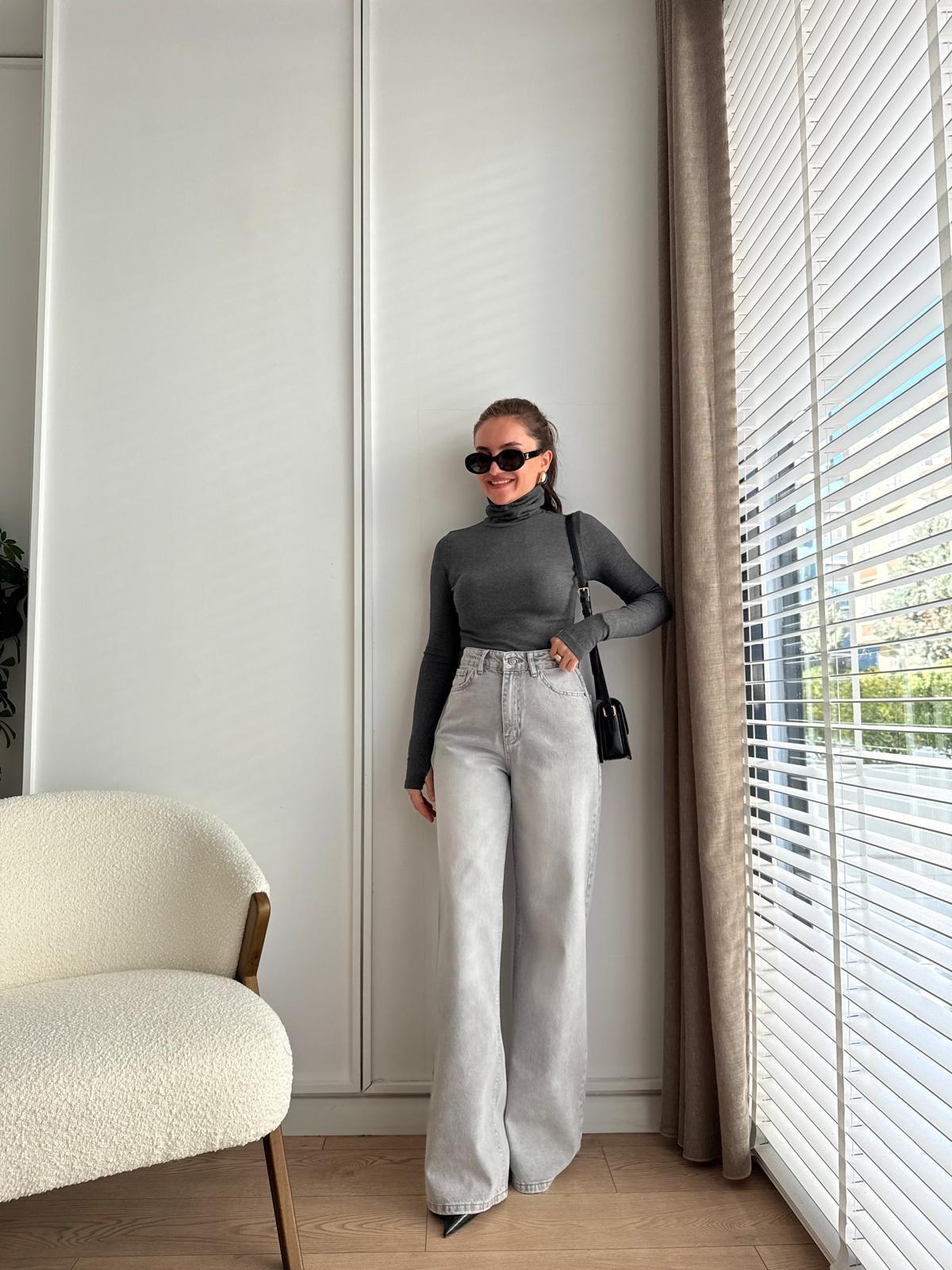 Gri Yüksek Bel Wide Leg Jean 1006