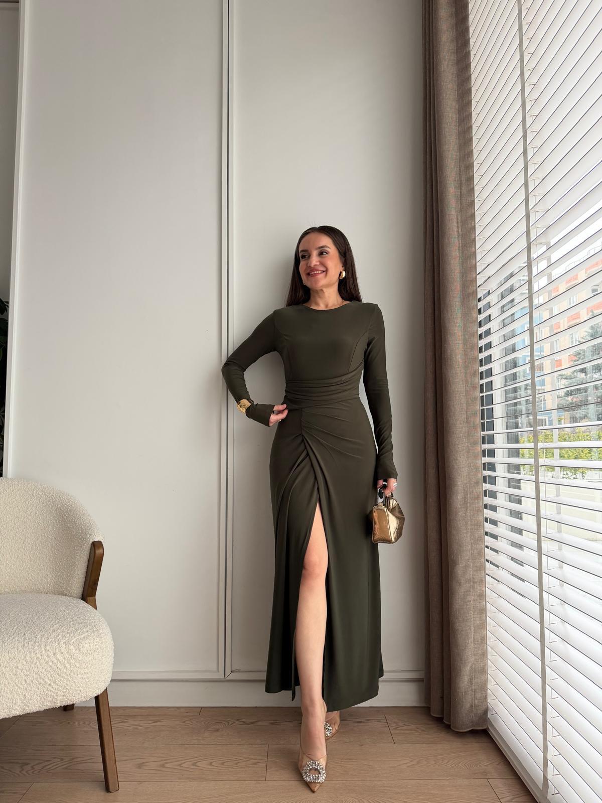 Haki Bel Büzgü Detaylı Yırtmaçlı Elbise 2122