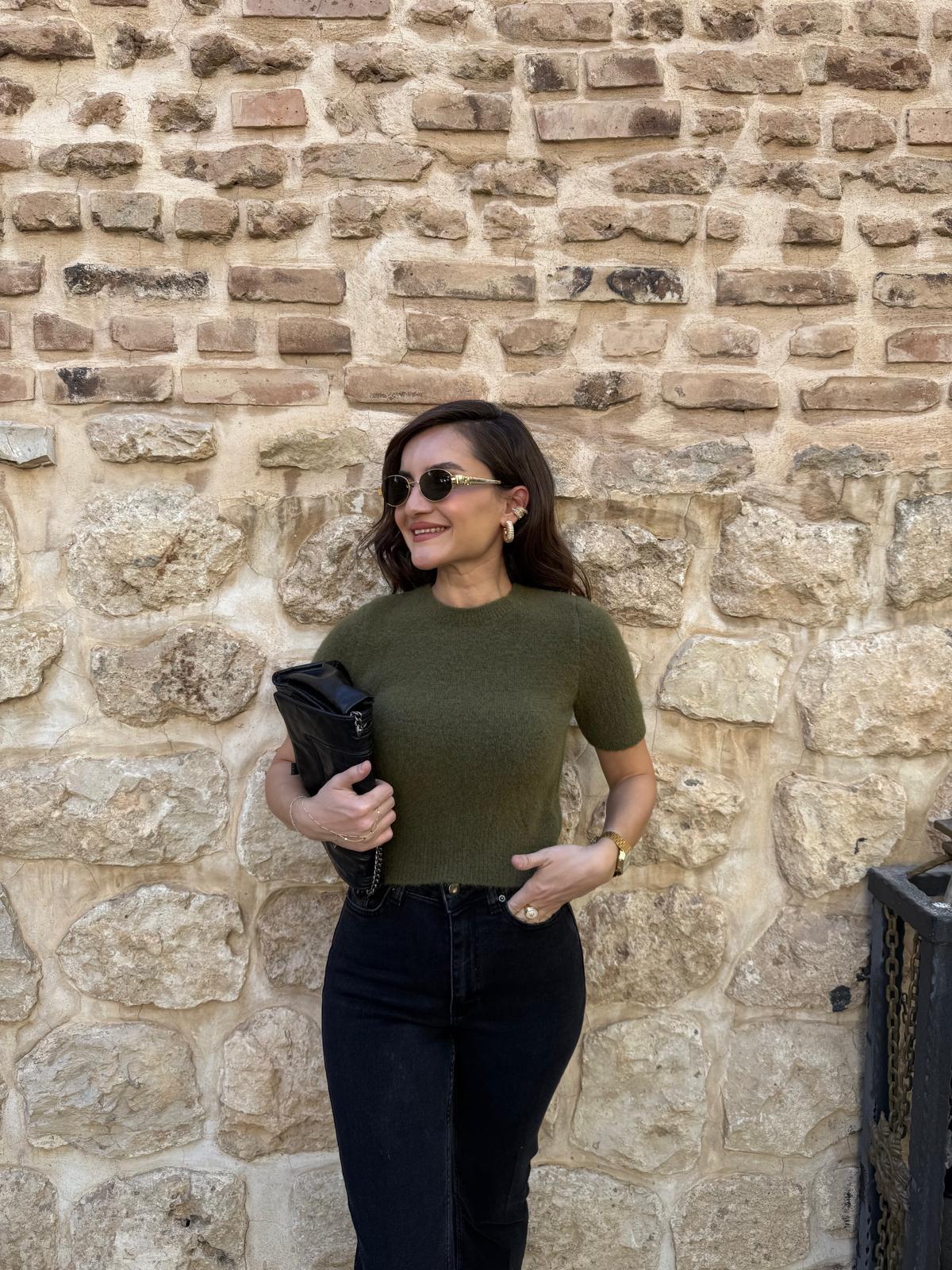 Haki Bisiklet Yaka Kısa Kol Triko Kazak 10651