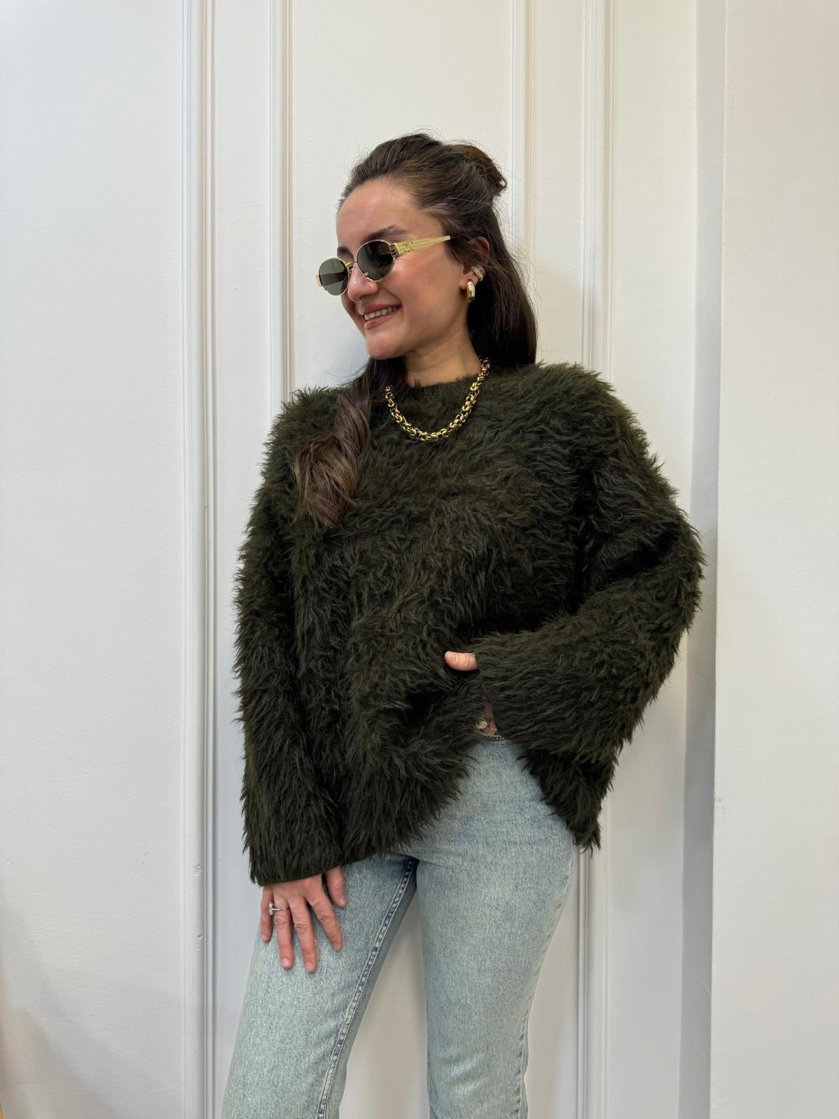 Haki Bisiklet Yaka Peluş Triko Kazak 241205
