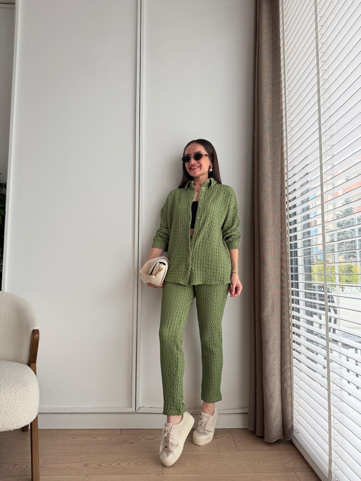Haki Bürümcük Kumaş Gömlek Pantolon Takım 2390