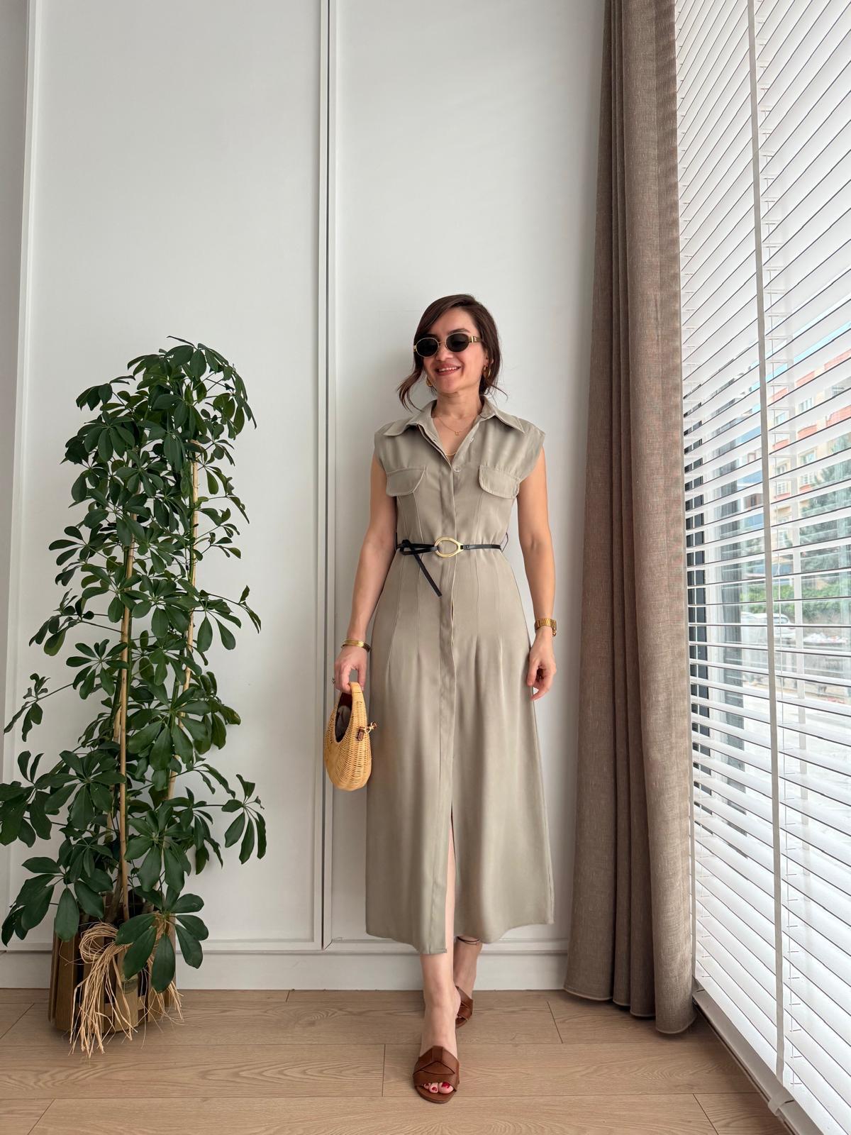 Haki Cep Detaylı Kemerli Elbise 8130