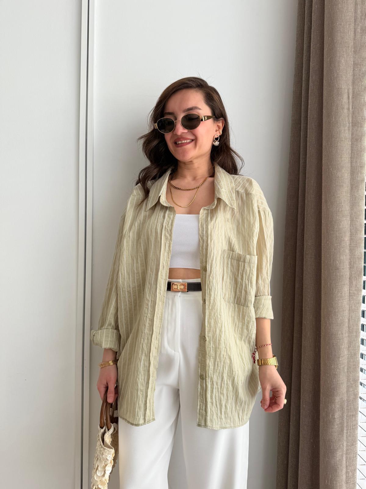 Haki Çizgili Oversize Gömlek 5320