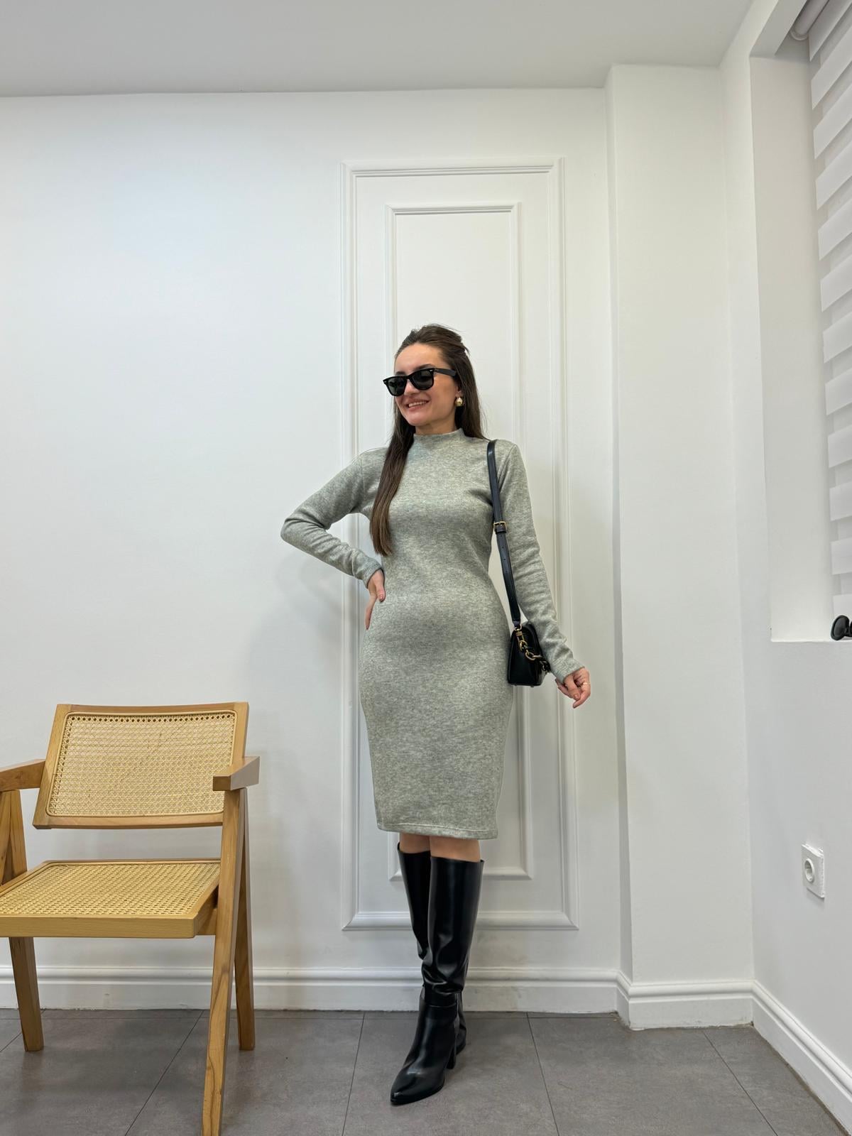 Haki Dik Yaka Uzun Kol Triko Elbise 29339