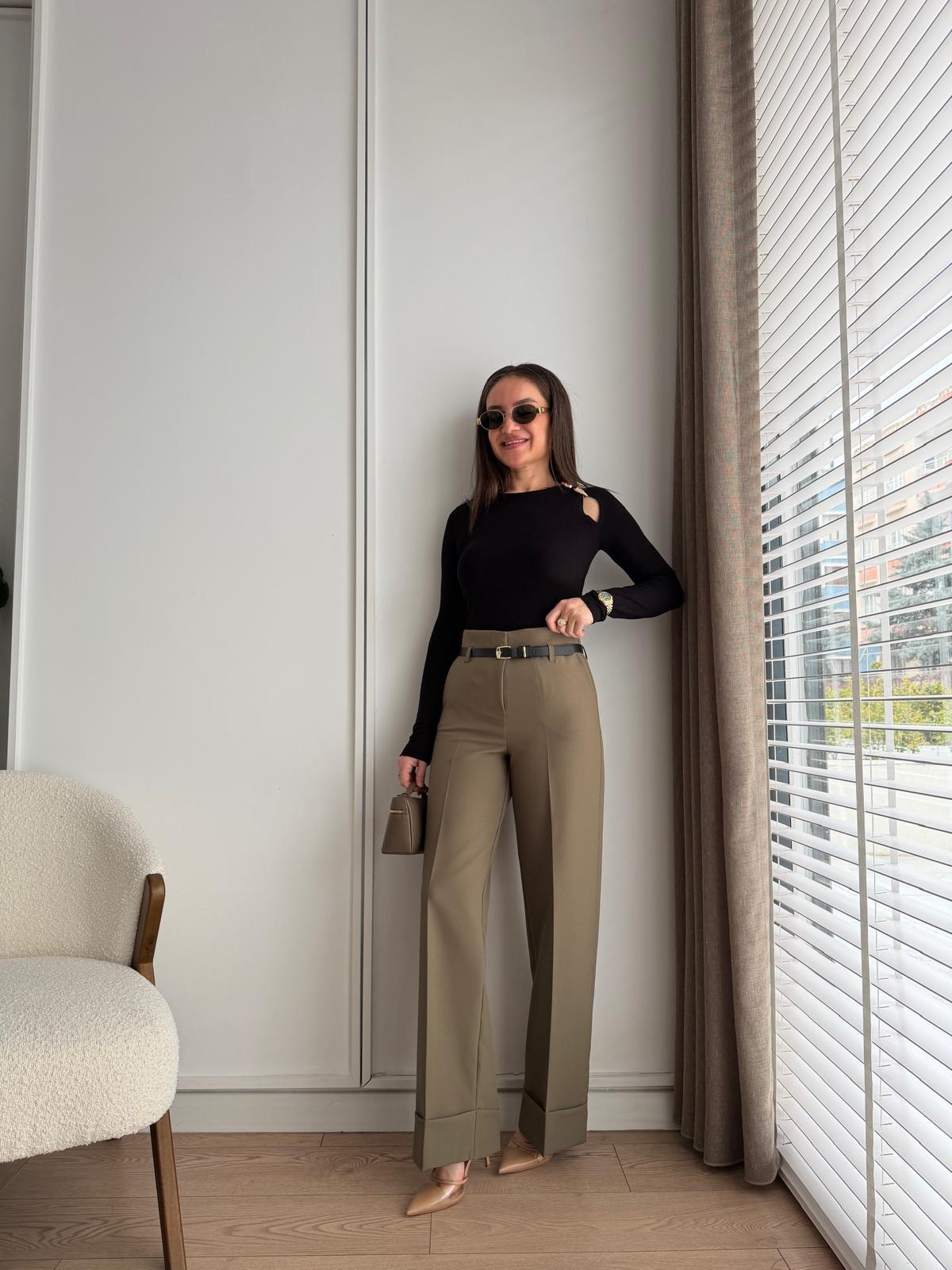 Haki Double Paça Kemerli Palazzo Pantolon 3841