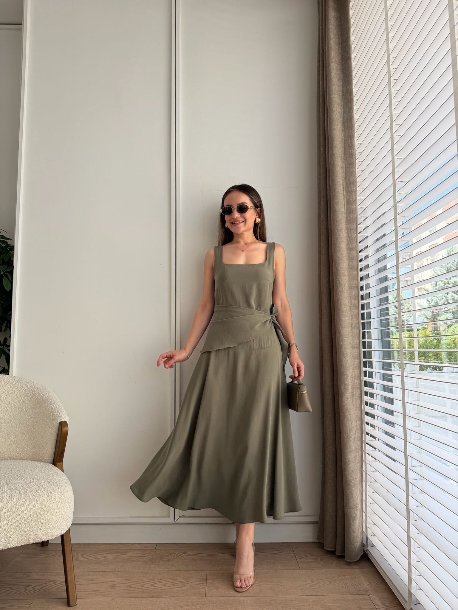 Haki Kare Yaka Yandan Bağlamalı Modal Elbise 0230