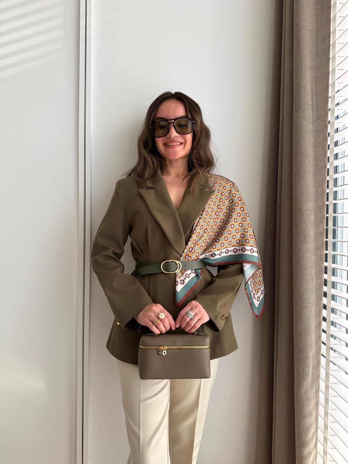 Haki Kemerli Fular Detaylı Blazer Ceket 6337