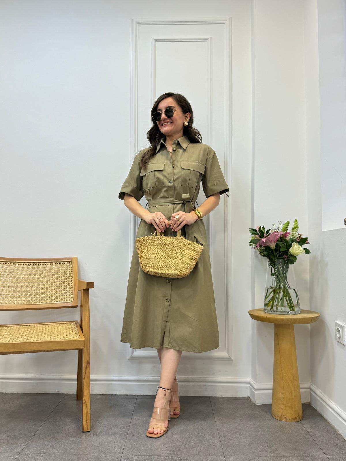 Haki Keten Cep Detaylı Gömlek Elbise M03