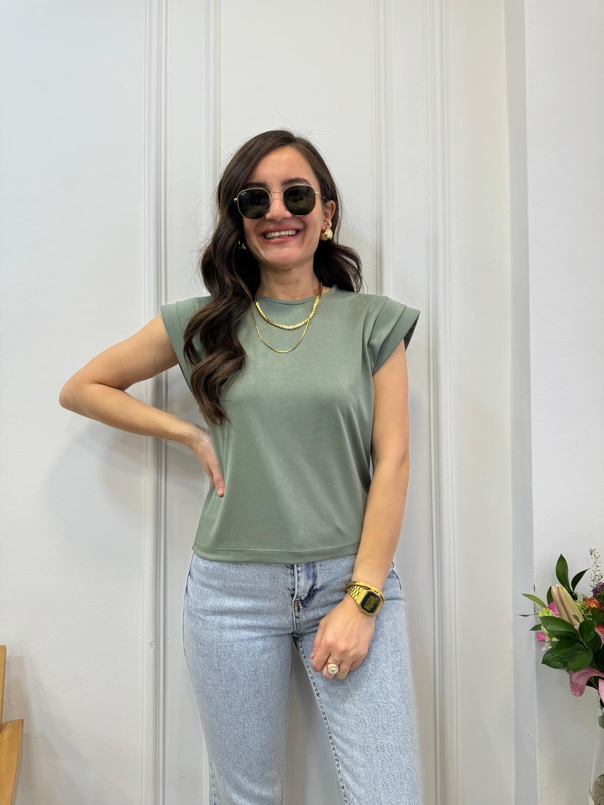 Haki Modal Kumaş Omuz Detaylı Tişört 71261