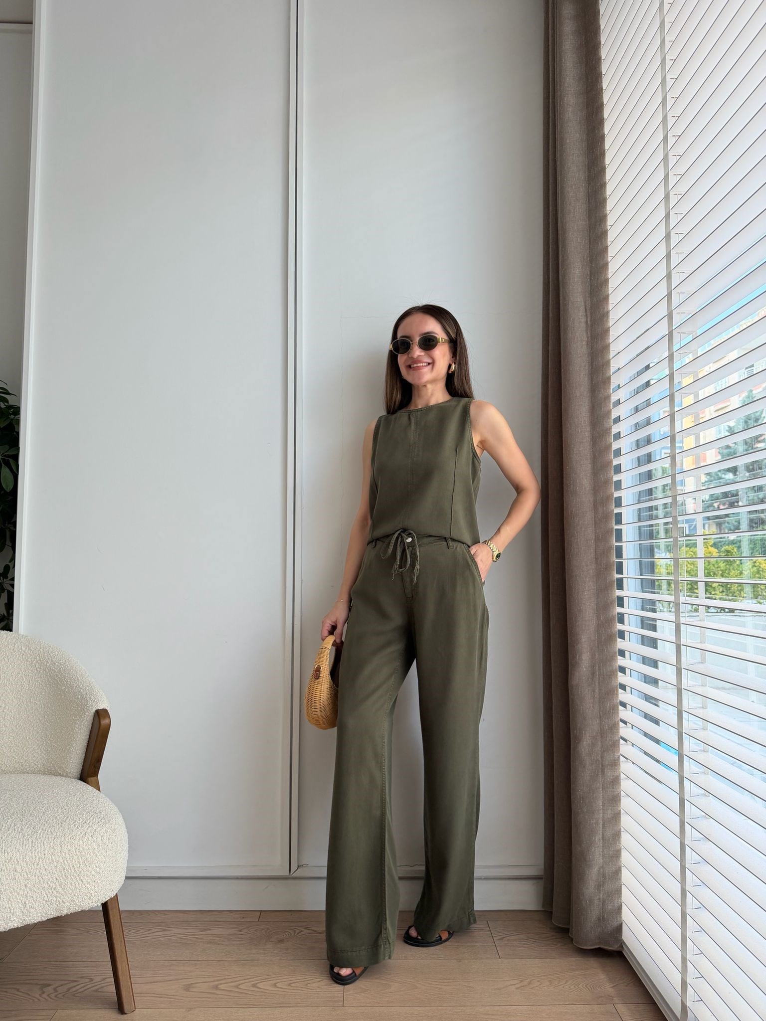 Haki Pens Detaylı Fermuarlı Bluz Takım 7486
